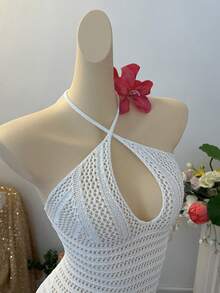 INAWLY Solid Color Halter Neck Hollow Out Backless Casual Tropical Sleeveless Sweater Dress Beach Vacation White Summer - White - View 7