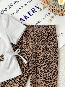 SHEIN Bộ 2 món cho bé gái: Áo thun cổ tròn xếp ly và quần ống loe họa tiết da báo. - Nhiều màu - Xem 5