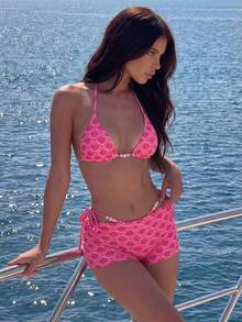 Swim Mod 3-Piece Swimsuit Set For Women,White,Summer,Boho,Holiday,Pool Party,Holiday Floral & Plaid Print Halter Bikini Top & Tie-Side Bottom With Shorts - Multicolor - View 6