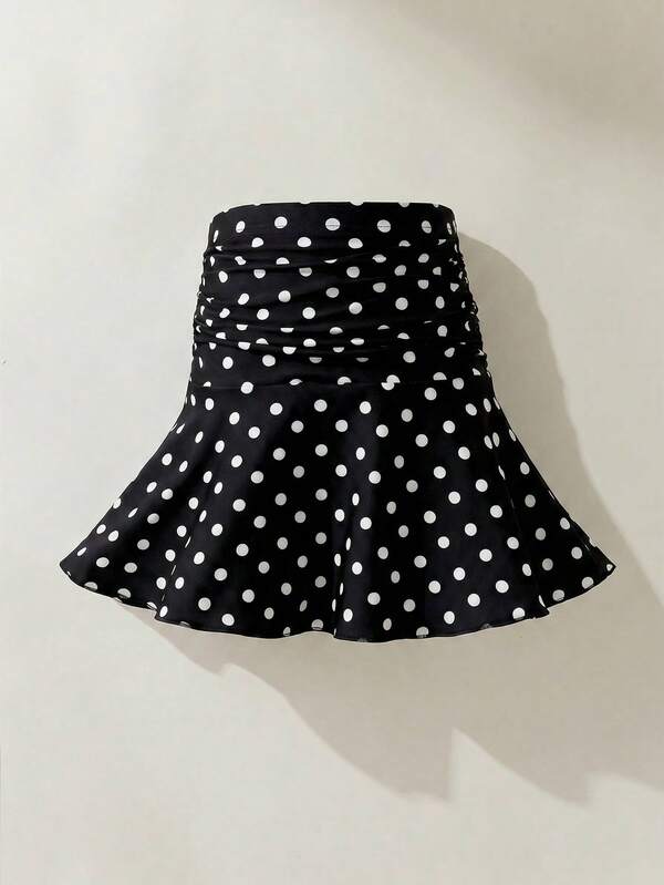 Maija Kids Maija Kids 1pc Young Girls' Casual Elegant Vacation Loose Cute White & Black Polka Dot Pleated Skirt, Suitable For Daily Wear, Back To School, Outings, Gatherings, Festivals, Spring & Summer