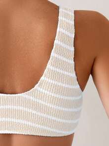 Swim Vcay Striped Print V-Neck Ring Decor Bikini Set For Summer Beach Vacation - Apricot - View 5