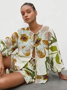 Conjunto de dos piezas de top tipo camisola y shorts con estampado tropical de vacaciones MAIJA - Multicolor - Ver 7
