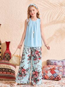 SHEIN Tween Girls Loose Round Neck Sleeveless Blue Floral Print Shirt And Wide Leg Pants 2 Pieces Vacation Set - Blue - View 3