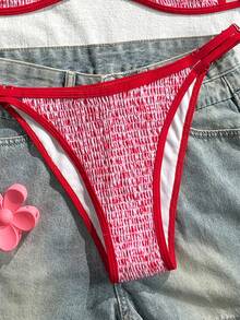 Swim Mod 新款女士泳装套装，夏季新款百搭两件式泳衣，甜美粉色系列，碎花图案，撞色红色滚边，串珠装饰，可调节比基尼上衣和三角泳裤，适合甜美海滩/泳池风格 - 彩色 - 查看 7