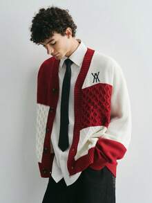 Sonviro Men's Contrast Color Long Sleeve Single-Breasted Casual Knit Cardigan, Autumn/Winter - Red - View 1