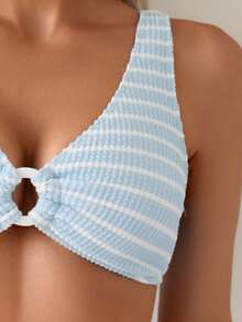 Swim Vcay Bộ bikini gợi cảm kết nối vòng tròn sọc dành cho nữ cho kỳ nghỉ hè trên bãi biển - Xanh và trắng - Xem 4