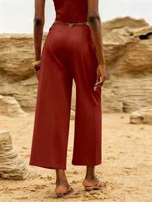 Lumivelle Women's Casual Business Casual Commuting Minimalist Solid Color Side Pocket Loose Wide Leg Pants Working Red Summer Working - Red - View 6