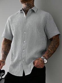 Manfinity CasualCool Men's Crinkle Striped Short Sleeve Shirt, Loose Fit Turndown Collar, Comfortable For Daily, Commute And Weekend Outings, Spring/Summer - Multicolor - View 3