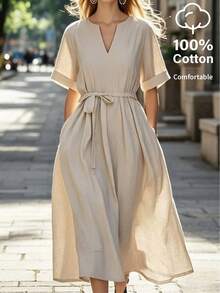 EMERY ROSE Women's Textured Solid Color V-Neck Tie Waist Vacation Dress - Khaki - View 4