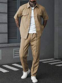 SLATEMANN Men's Simple Casual Solid Color Front Button Short Sleeve Shirt And Pants Set, Summer - Khaki - View 5