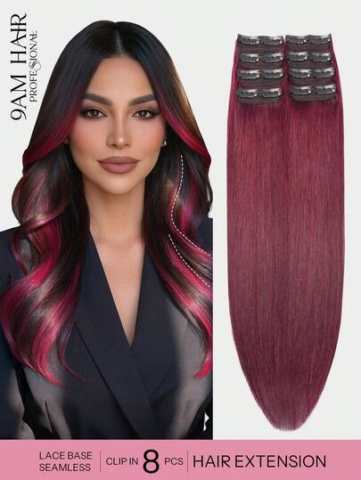 8 miếng, 16 kẹp tóc nối thẳng, tóc thật Remy #99J màu đỏ rượu vang, dài 12-18 inch, kiểu tóc kẹp đôi vô hình, giúp tăng độ dày và làm nổi bật màu tóc, lý tưởng cho việc sử dụng hàng ngày trên toàn bộ đầu, phù hợp với mọi phụ nữ và bé gái.