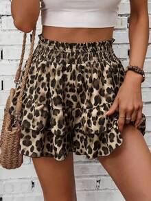 Breezaya Retro American Style Cotton Leopard Print Cake Skirt, High Waist Ruffled Hem Slimming Vacation Shorts For Women - Multicolor - View 4
