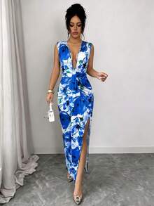 SHEIN Elenzya Women's White And Blue Floral Print V-Neck Slit A-Line Dress,Summer Elegant Holiday Vacation,Waist Cinched Fashionable Retro Mid-Length - Blue - View 7