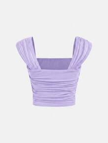 SHEIN Camiseta sin mangas para niña preadolescente, casual elegante, de punto, color liso, cuello cuadrado, fruncida, manga corta, ajustada, con patchwork de malla, para vuelta al cole, graduación, baile de graduación, fiesta de Halloween, KIDS - Morado - Ver 2