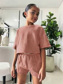 SHEIN 2件套：少女宽松短款T恤+紧身短裤，休闲日常穿搭 - 粉色 - 查看 4