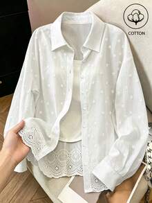 Franclia Áo kiểu nữ dáng rộng, màu trơn, thêu họa tiết, chất liệu cotton, đa năng, thích hợp mặc hàng ngày. - trắng - Xem 1