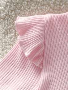Cozy Pixies Baby Girl Solid Color Soft Knit Ruffled Crew Neck Short Sleeve Pullover Top - Baby Pink - View 3