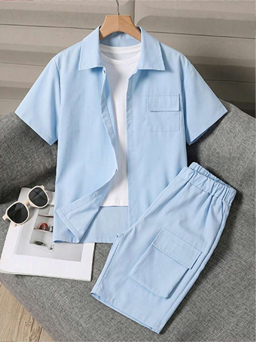 SHEIN Mirajuku 青少年街头风3D口袋短袖衬衫短裤套装 - 淺藍色 - 查看 1