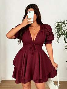 Vionelle Plus Size Deep V-Neck Puff Sleeve Fitted Party Mini Dress - Burgundy - View 2