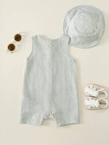 SHEIN Bộ 2 món gồm mũ và áo liền quần không tay kẻ sọc và caro dễ thương cho bé sơ sinh trai/gái mùa hè. - Nhiều màu - Xem 2