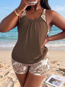 Swim Lushoire Áo tắm tankini cỡ lớn dành cho nữ, họa tiết ngẫu nhiên, có dây đeo điều chỉnh được. - Màu nâu Sô-cô-la - Xem 3
