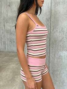 SHEIN EZwear Summer Contrast Stripe Trim Camisole And Shorts Set - Pink - View 6