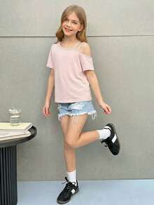 Firerie Kids Firerie Kids Nova Glow 少女休闲度假纯色针织单肩短袖上衣 - 粉色 - 查看 3