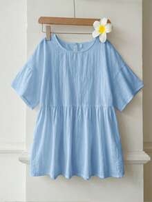 SHEIN EZwear 100%純棉淺藍色亞麻編織女款襯衫，夏季上衣，適合日常通勤、約會、聚會、秋冬/夏季、聖誕節、新年、感恩節、派對、婚禮、海灘、畢業典禮、時尚、優雅、休閒、外出、約會、預約、通勤、亮麗、情人節、優雅、度假 - 淺藍色 - 查看 4