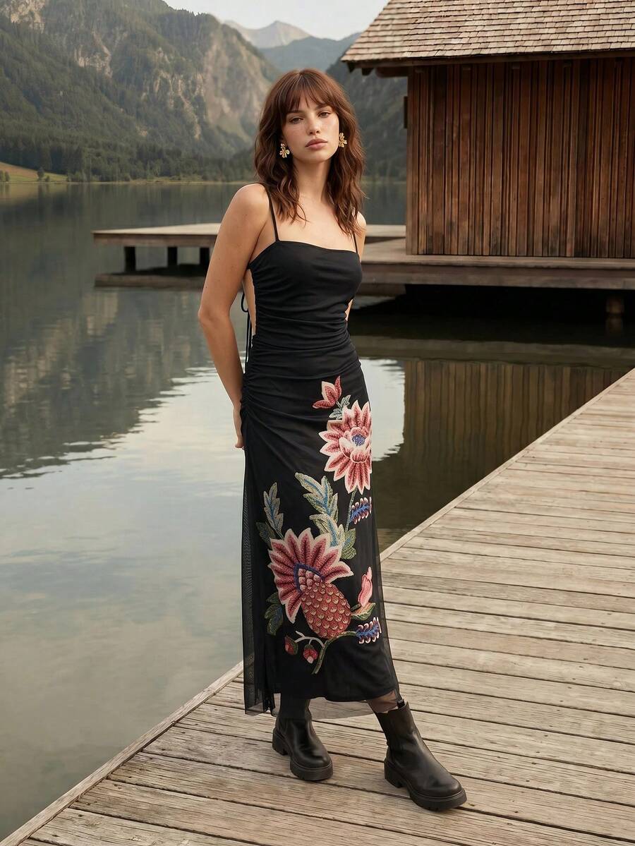 CAJUNI Đầm dài lưới họa tiết hoa phong cách Boho nhiệt đới, thích hợp cho kỳ nghỉ. - màu đen - Xem 1