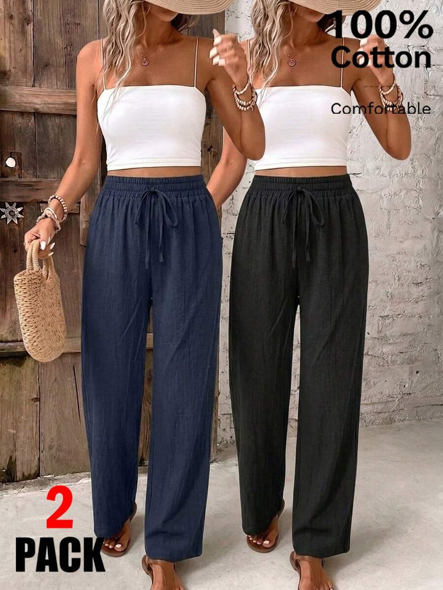 SHEIN Frenchy 2 chiếc quần ống rộng nữ 100% cotton, thích hợp cho mùa hè và các hoạt động ngoài trời. - Nhiều màu - Xem 1