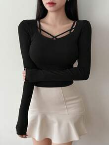 DAZY Women's Solid Color Simple Daily Crossed Strap Long Sleeve T-Shirt - Black - View 3