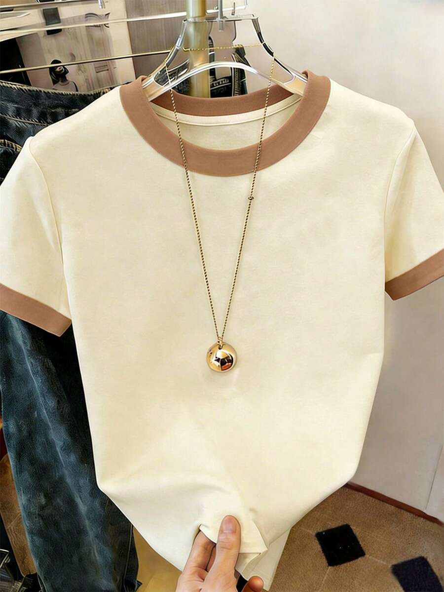Resyla 女士户外休闲运动套头衫,夏季新款,撞色设计,卡其色和杏色,适合户外、居家、办公穿着 - 杏色 - 查看 1