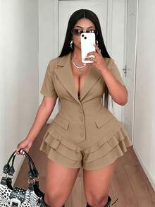 Maweii 大码女式深V领荷叶边性感连体裤 - 卡其色 - 查看 2