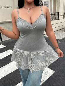 Easura Plus Size Women Contrast Lace Hem Casual Versatile Camisole T-Shirt - Light Grey - View 6
