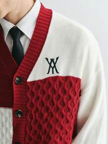 Sonviro Men's Contrast Color Long Sleeve Single-Breasted Casual Knit Cardigan, Autumn/Winter - Red - View 4