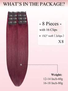 8Pcs 16 Clips Straight Clip In Hair Extensions Real Remy Human Hair #99J Wine Red, 12-18 Inch Double Weft Invisible Clip In Hairpieces, Help Add Hair Volume & Boost Hair Color Layer, Ideal For Full Head Daily Use For All Women And Girls - S99J - View 5