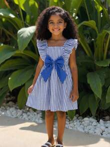 SHEIN Pink & White Striped Floral Print Bow Ruffle Trim Short Sleeve Casual Versatile Fashion Young Girl Dress, Spring/Summer Holiday - Blue - View 5