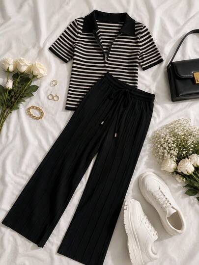 Conjunto de pants casual para mujer, tela de poliéster y elastano, suave y cómoda, ideal para cualquier temporada del año. Camiseta de manga corta, cuello tipo camisero con cremallera metálica. Pants de pierna ancha. Ajuste de cintura natural con resorte ligero y cordón ajustable. Sin bolsillos.