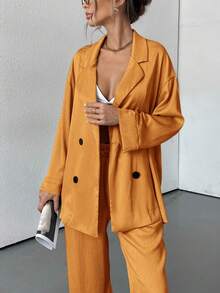 Aveloria Modichic 女士秋季两件套纹理休闲衬衫阔腿裤套装家居服运动套装优雅商务休闲女装 - 橘色 - 查看 6