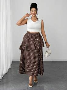 Maweii Plus Size Women Polka Dot Print Patchwork Ruffle Hem Elegant A-Line Skirt Gym Brown Autumn - Multicolor - View 1