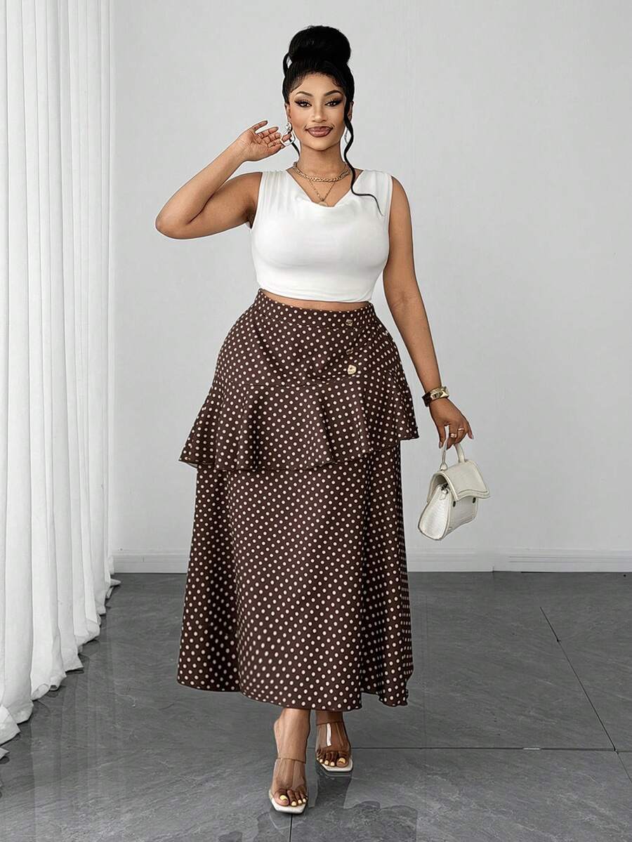 Maweii Plus Size Women Polka Dot Print Patchwork Ruffle Hem Elegant A-Line Skirt Gym Brown Autumn - Multicolor - View 1