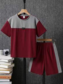 Bộ 2 món cho bé trai tuổi teen, áo thun ngắn tay cổ tròn phối màu tương phản và quần short, màu kaki, thích hợp cho đi làm, đi học, đi chơi, thể thao, nghỉ lễ, dự tiệc, mùa xuân/hè. - Màu Đỏ Sâu - Xem 3