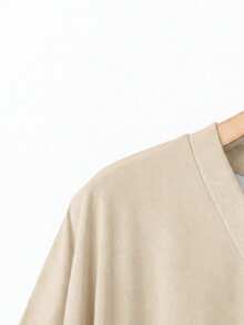 EMERY ROSE Casual Minimalist Plus Size V-Neck Heart Print T-Shirt, Suitable For Summer - Apricot - View 4