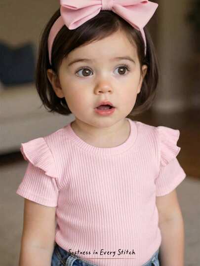 Cozy Pixies Baby Girl Solid Color Soft Knit Ruffled Crew Neck Short Sleeve Pullover Top