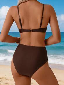 Swim Basics Bộ đồ bơi bikini cạp cao dây mảnh có đệm nâng ngực màu trơn có thể điều chỉnh cho kỳ nghỉ hè mới - màu nâu - Xem 2