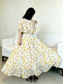 Modelyn 女款短袖洋裝，女款短袖數位印花收腰洋裝，披肩袖荷葉邊裙襬優雅美觀，迷人淑女，時尚優雅Y2K風格，聚酯纖維材質，適合外出、節慶、派對。女款夏季洋裝，女款約會、派對、度假洋裝。女款洋裝，碎花洋裝，海灘度假碎花洋裝 - 白色 - 查看 2