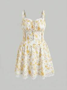 MOD Vestido mini con tirantes de espagueti, estampado floral morado y encaje, con espalda cruzada con lazo - Para fiesta de jardín, cita, fiesta, ropa de mujer para primavera y verano, vacaciones, picnic, fiesta, cumpleaños - Amarillo claro - Ver 3