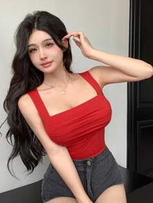 DAZY Women's Casual Solid Color Ruched Slim Fit Tank Top, Summer - Red - View 6