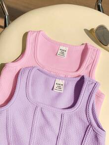 SHEIN 2件套女童休闲纯色无袖方领针织背心，夏季 - 彩色 - 查看 8