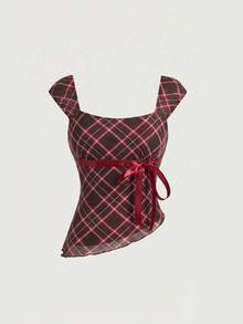 SHEIN MOD Bow Tie Ribbon Decor Asymmetric Hem Contrast Ruffle Trim Low Neck Women Tank Top - Red - View 6